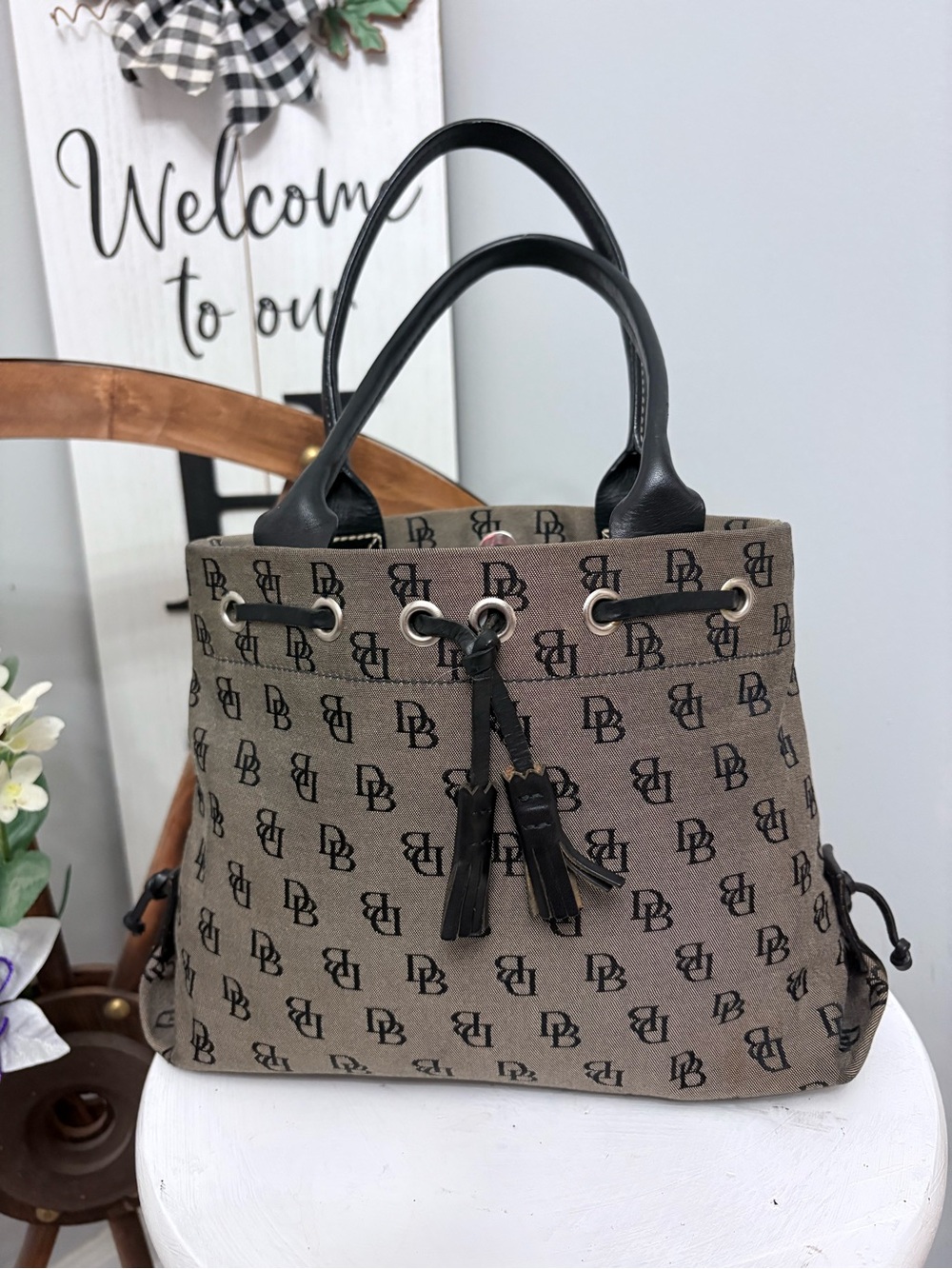 Dooney & Bourke Vintage Brown Monogram Canvas Tote with Black Trim